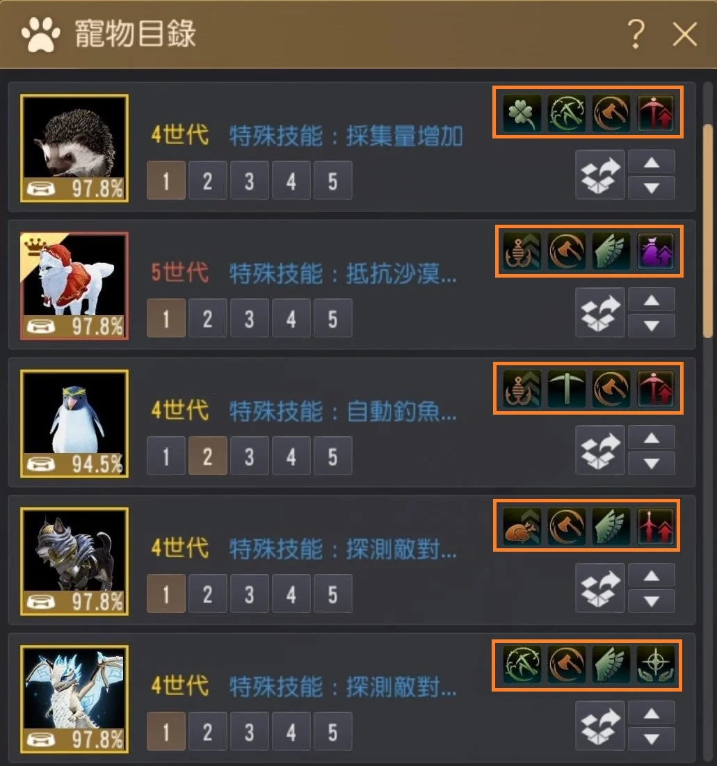 登记宠物时主要技能习得机率 · 图示 1